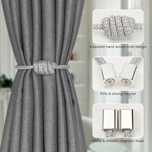 Magnetic Curtain Tiebacks, 2-Pack Hand-Woven Rope Holdbacks - Silver Grey