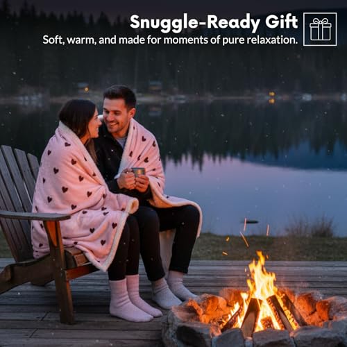 Pink Hearts Print Mother’s Day Gift Blanket Hoodie with Socks - Ultra Soft Oversized Sherpa Wearable Blanket