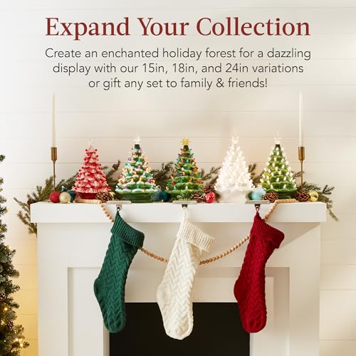 15in Ceramic Christmas Tree with Warm White Lights & Star Toppers - Green, Hand-Painted Holiday Decor