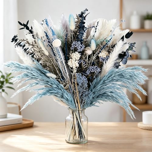 Dusty Blue Pampas Grass Bouquet - 17-Inch Dried Flower Arrangement