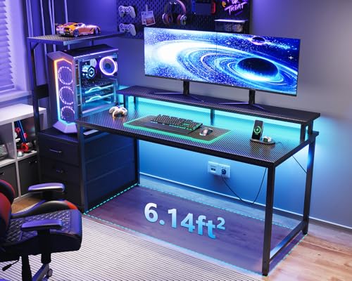 59-Inch Gaming Desk with PC Showcase Stand, RGB LED and 3 Storage Drawers