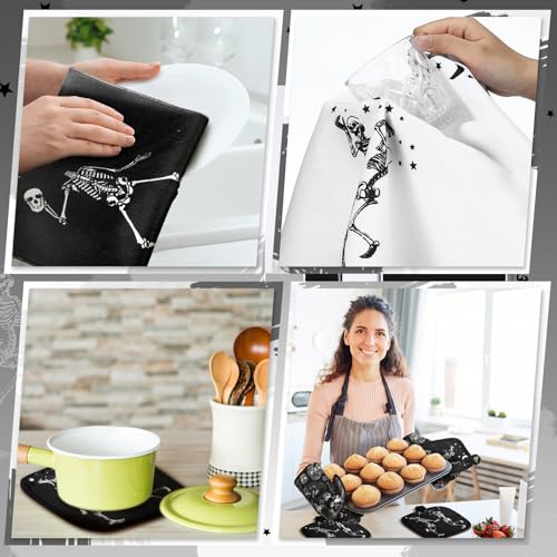 10-Piece Gothic Skeleton Kitchen Set: Dish Towels, Rugs, Mitts & Pot Holders
