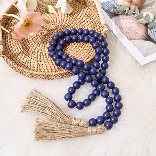 59-Inch Navy Blue Wood Bead Garland with Tassels, Rustic Farmhouse Decor