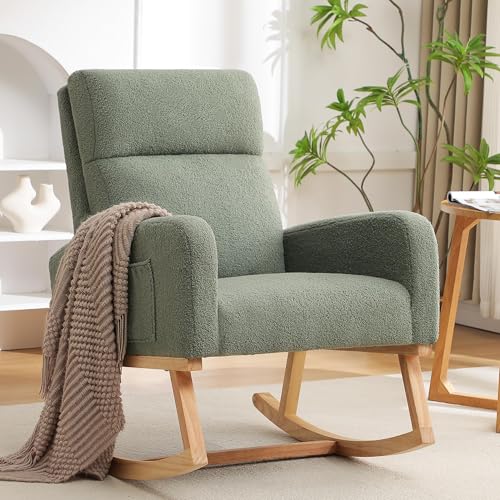 Bouclé Nursery Rocking Chair with Side Pocket, Modern Upholstered Glider
