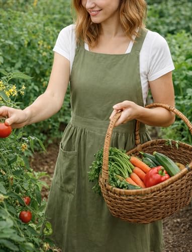 Vintage Cotton Pinafore Apron for Women, Adjustable Cross Back with Pockets