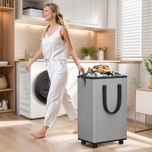 SpaceTrove Rolling Laundry Basket 80L Grey Collapsible Hamper with Wheels