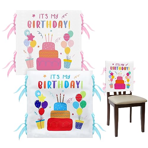 Birthday Chair Covers - 2 Pack Kids Decor with Ribbons & Cake Design