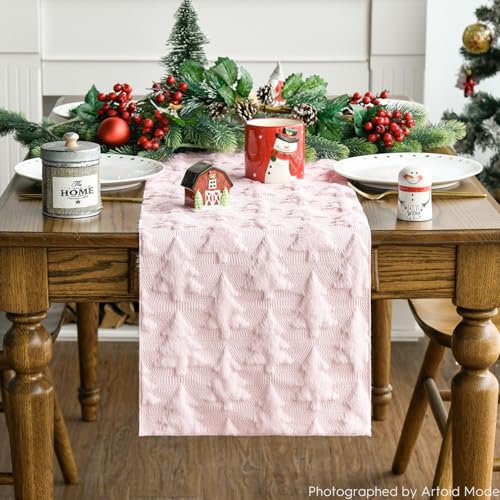 Pink Faux Fur Jacquard Christmas Tree Table Runner 13x90 Inch for Holiday Decor