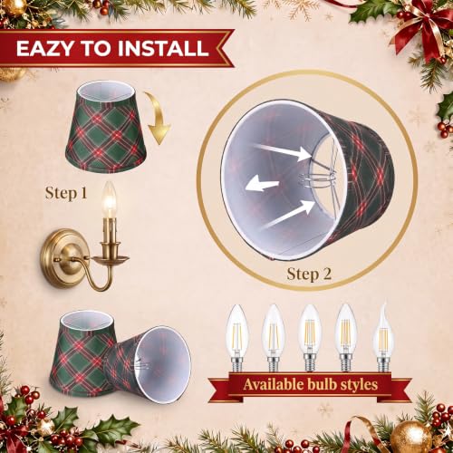 Fumete 6-Pack Christmas Tartan Plaid Clip-On Fabric Lamp Shades
