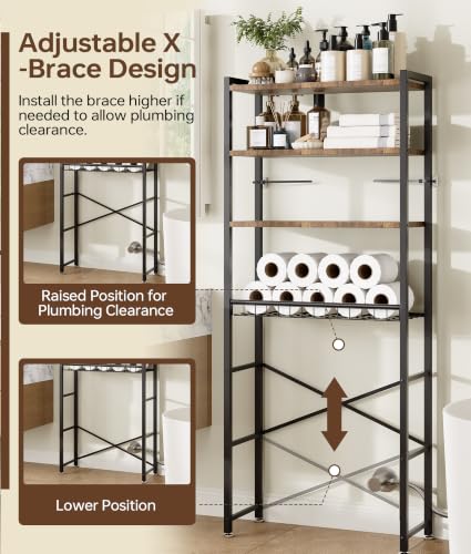4-Tier Over-the-Toilet Storage Rack with Wooden Shelves & Net Basket
