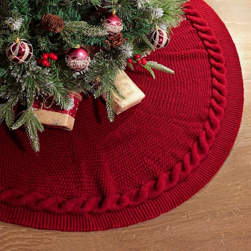 48-Inch Cable Knit Christmas Tree Skirt - Wine Red Rustic Farmhouse Decor