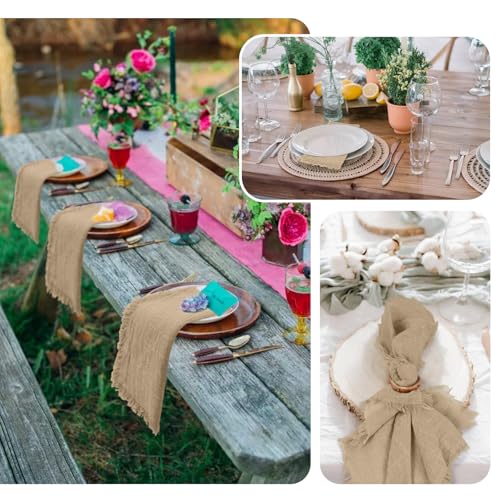 Caramel 16x16 Inch Cotton Linen Cloth Napkins Set of 30 with Fringe - Rustic Wedding & Party Table Decor
