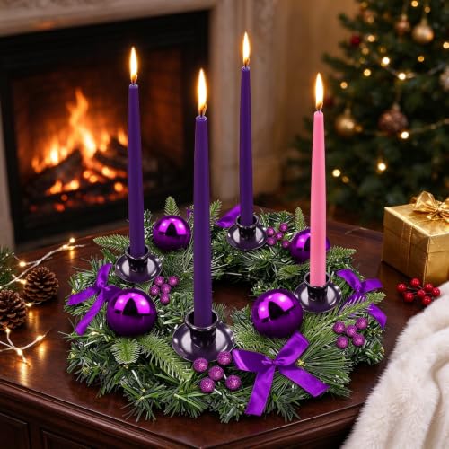 TURNMEON Ribbons Berry Balls 4-Candle Advent Wreath - Purple Fire-Retardant Centerpiece for Christmas Church Decor