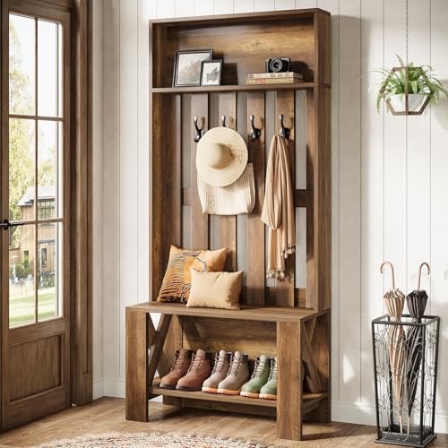 Rustic Hall Tree with Shoe Bench and Coat Hooks, 71-inch Entryway Organizer