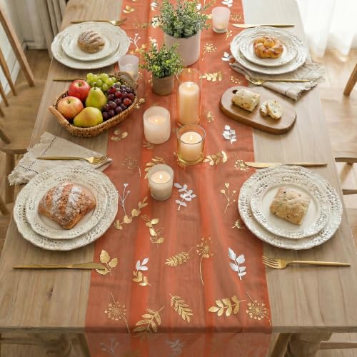 Caramel Floral Leaves Gauze Table Runner 10FT with Glitter Metallic Foil Fall Design