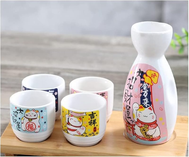 JapanBargain White Lucky Cat Porcelain Sake Set - Bottle & 4 Cups, 9.5 oz, Microwave Safe