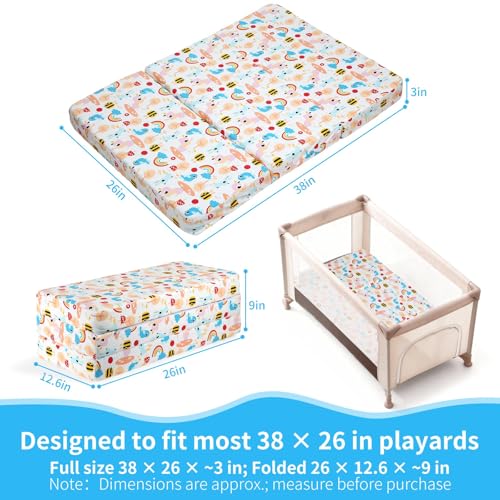 Trifold Pack and Play Mattress 38x26 - Dual Sided Foldable Playard Pad