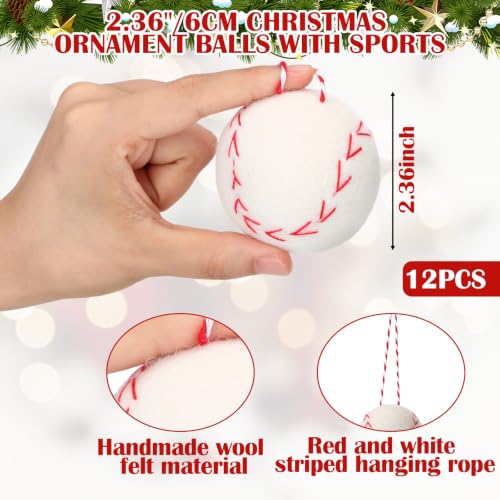Novabright Felt Baseball Christmas Tree Ornaments 12 Pack, Handmade Wool Decor with Hanging Rope for Holiday, Gift for Baseball Fans
