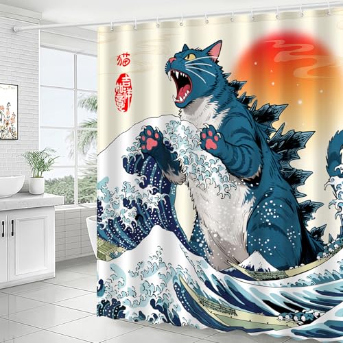 Blue Cat Monster Shower Curtain - Japanese Anime Style, 72 x 72 Inches
