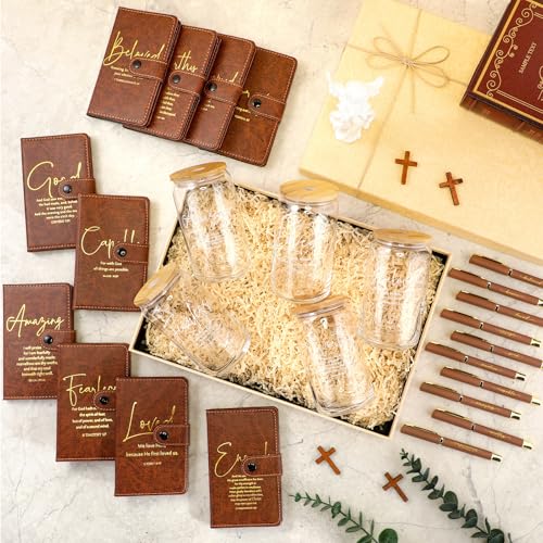 Brown Bible Words Christian Glass Cups with Lids & Straws, Prayer Journals & Pens Set - 30 Pcs