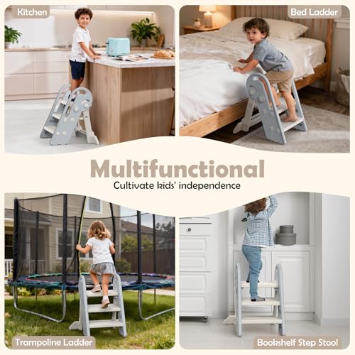 Adjustable Toddler Step Stool, Foldable 3-Step to 2-Step Learning Stool