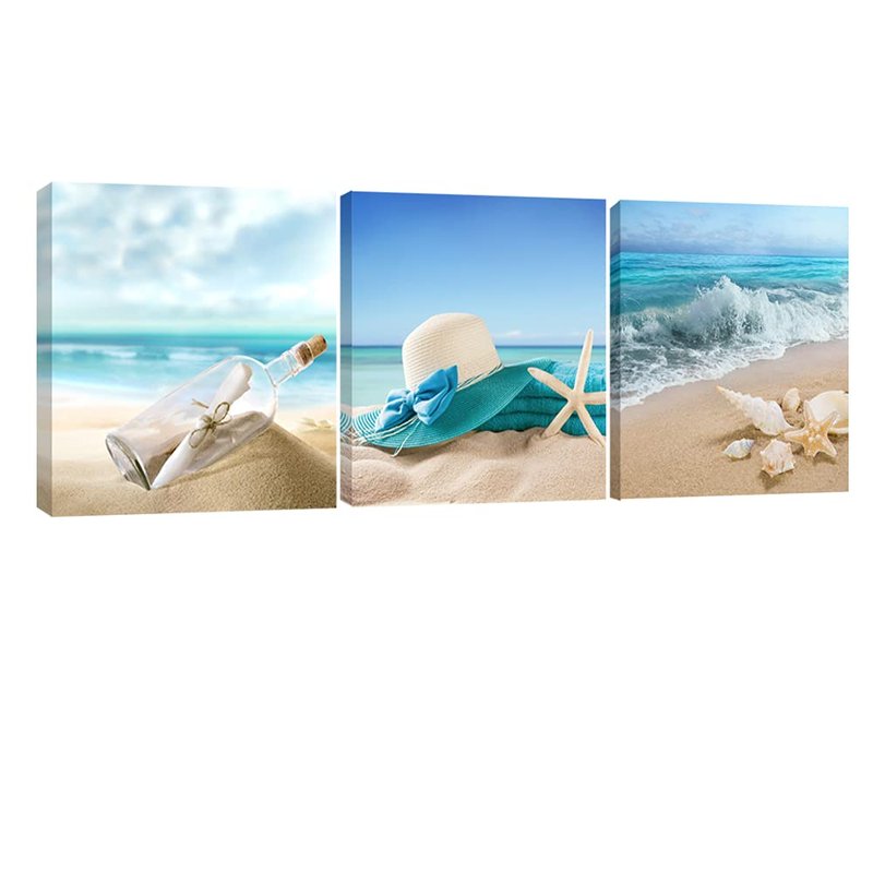 Pyradecor 3 Piece Starfish Seashell Bottle Beach Pictures Paintings on Canvas Prints Wall Art Work for Living Room Home Office Decorations Large Modern Gallery Wrapped Seascape Seaview Artwork