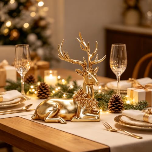 Gold Sitting Deer Figurine - 10 Inch Holiday Home Decor Ornament