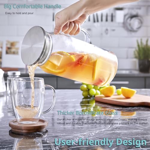 2 Liter (68 oz) Borosilicate Glass Pitcher with Stainless Steel Lid & Handle