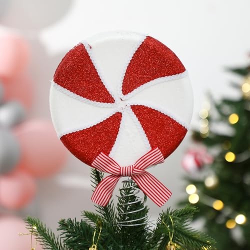 Arrowbash 10in Christmas Candy Tree Topper Peppermint Swirl with Red & White Bow