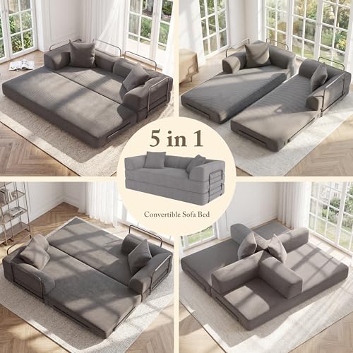 5-in-1 Convertible Corduroy Sofa Bed - 70" Folding Futon Couch (Gray)