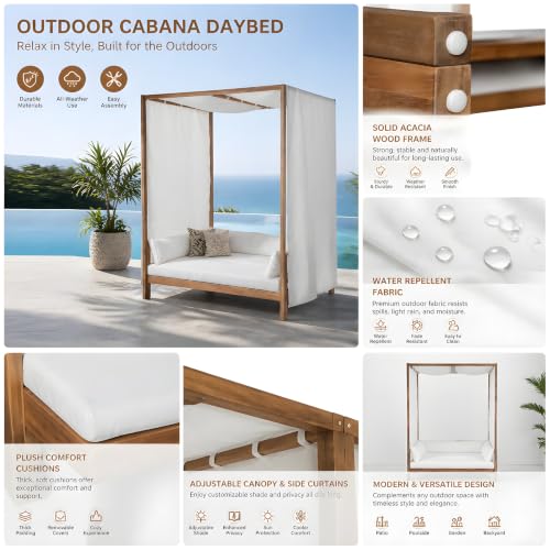 Outdoor Acacia Wood Canopy Daybed with Curtains & Cushions, 72" White