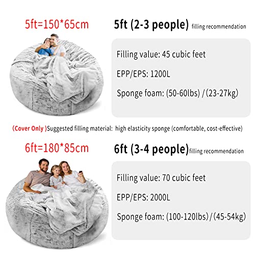 5ft Bean Bag Chair Cover - Soft Fluffy PV Velvet Lazy Sofa Bed (No Filler)