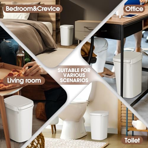 3-Pack Slim Plastic Bathroom Trash Can with Press Top Lid, 10L / 2.6 Gal