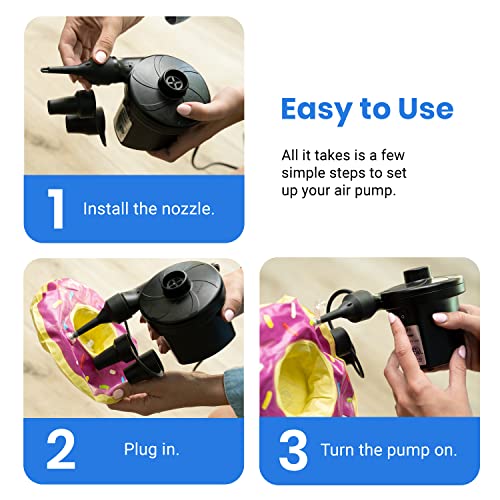 Portable Electric Air Pump for Inflatables, Quick-Fill Inflator with 3 Nozzles