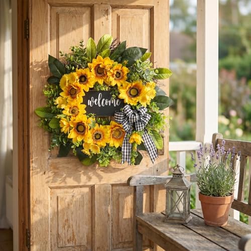 20-Inch Sunflower Welcome Wreath for Front Door Farmhouse Decor