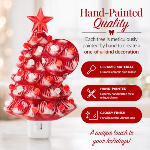 Red Ceramic Christmas Tree Nightlight - Hand Painted Holiday Decor, Plug-in Night Lamp, 6.7in