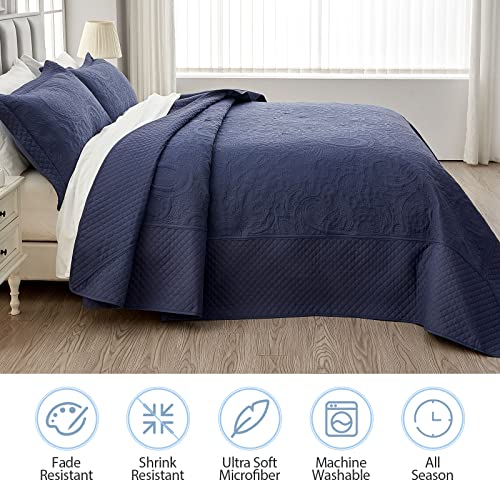 Oversized King Bedspread Set - Navy Blue Paisley Quilt & Shams