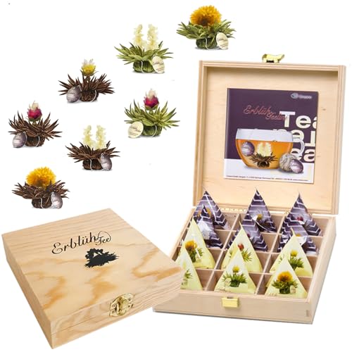 Creano Blooming Tea Tealini Cup Size Gift Set – 12 Tea Flowers in Wooden Box (8 Varieties) Black & White Tea