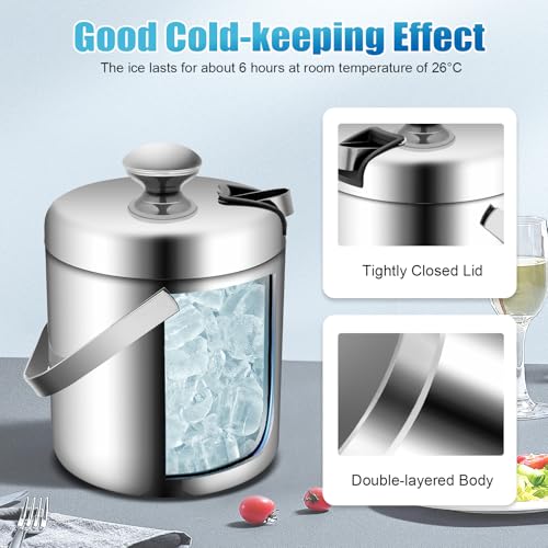 XEJMEOO 1.3L Double Wall Stainless Steel Ice Bucket with Lid & Tongs for Parties