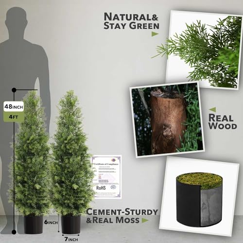 4ft Artificial Cedar Topiary Trees - Set of 2 Faux Potted Outdoor Plants