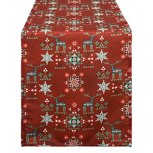 Christmas Table Runner 13x72 Red with Reindeer and Snowflake Geometric Pattern