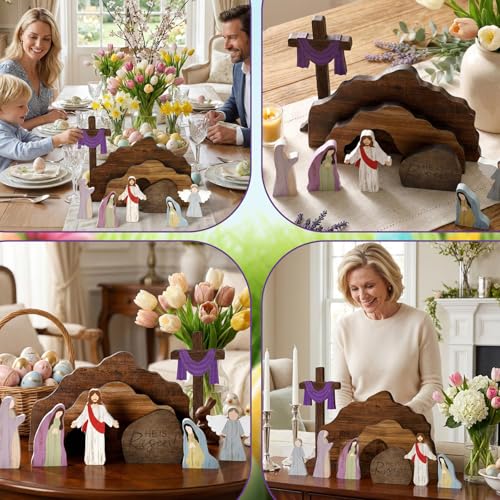 Wooden Easter Resurrection Scene Decor - 9-Piece Empty Tomb Cross Set
