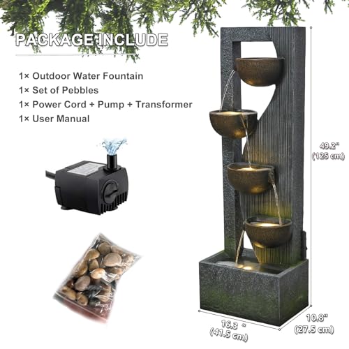 5-Tier Outdoor Floor Standing Water Fountain with LED Lights, 49-Inch