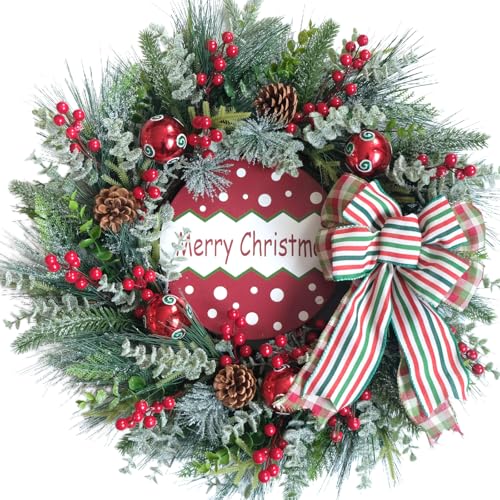 TEMPUS 22-inch Frosted Pine Wreath with Red Berries, Cones & Ribbon Bow