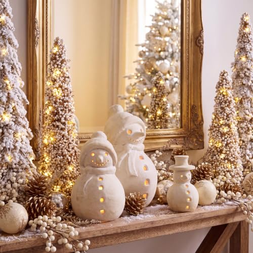 Yungyan 3 Pcs Terracotta Christmas Snowman Figurines with Rustic LED Lighted - Variation: Snowman