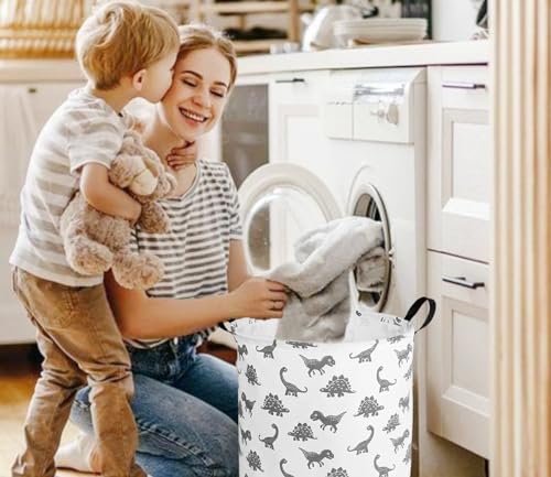 Round Dinosaur Laundry Hamper - Fabric Storage Basket with Handles