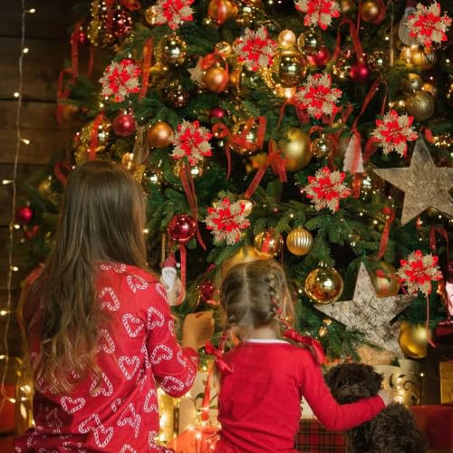 BASEMMAHER 12 Pcs Christmas Glitter Poinsettia Flowers with Clips & Stems - Red Gold