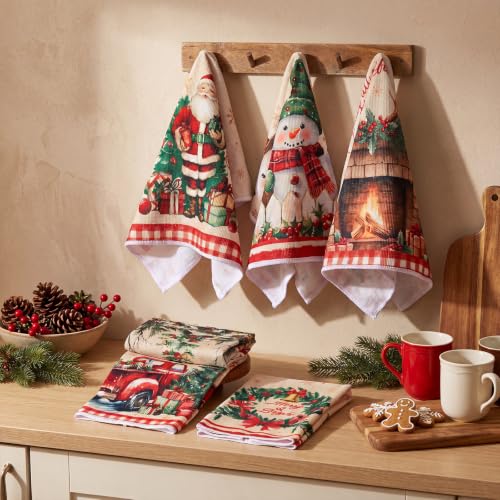 Vintage Christmas Kitchen Towels 6 Pack Santa Snowman Dish Hand Towels Beige Red