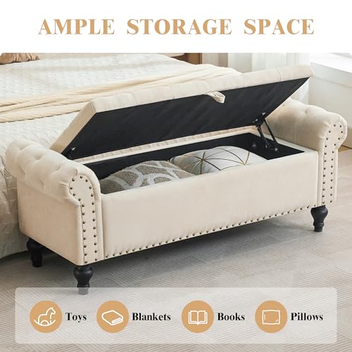 51-Inch Upholstered Storage Bench with Rolled Arms and Button Tufting
