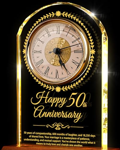 50th Wedding Anniversary Crystal Clock with LED Wooden Light Base